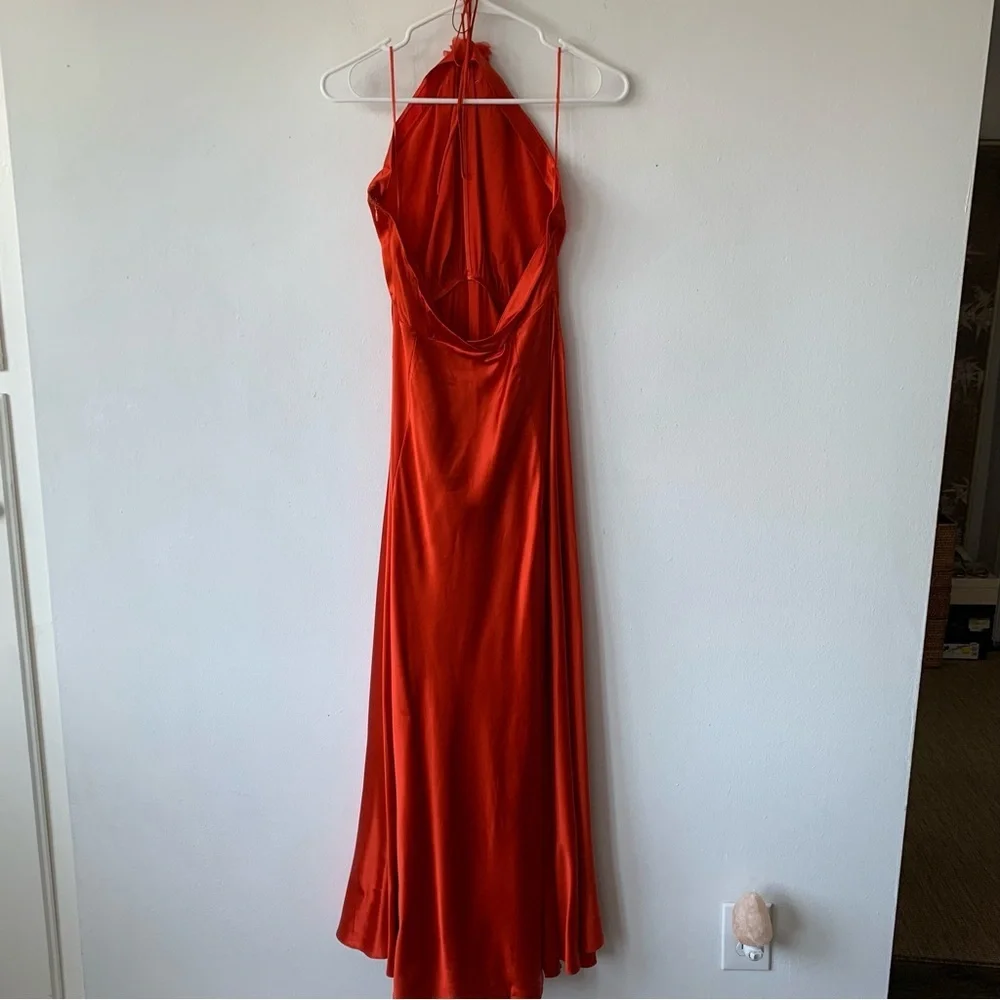 NWT Doen Lilaia Silk Rosette Rose Halter Maxi Dress Gown Fiery Coral Red - Picture 14 of 16